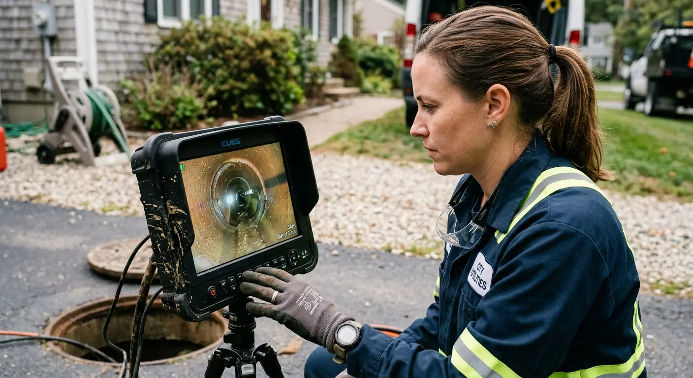 Technician reviewing sewer camera inspection footage in Meadville