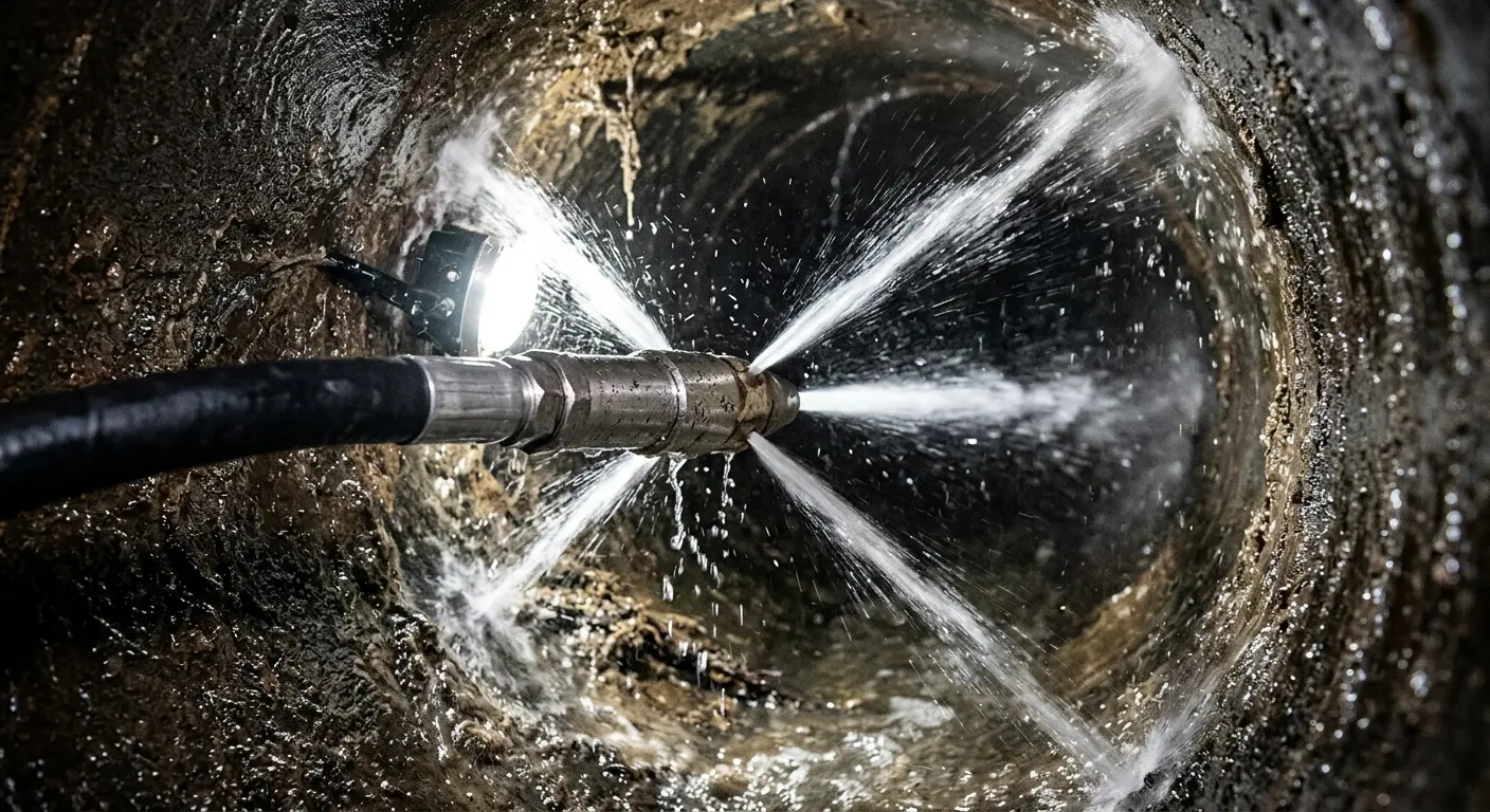 High-pressure hydro jetting nozzle cleaning sewer pipe for Emergency Drain Service in Meadville