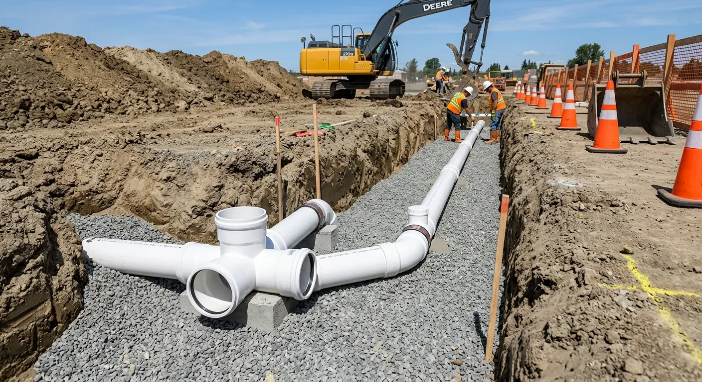 New PVC sewer pipe installation in open trench for Commercial Drain Cleaning in Meadville