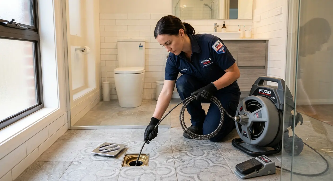 Technician clearing a bathroom floor drain for Clogged Drain Repair in Meadville